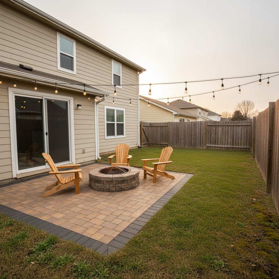Same backyard rendered finished: paver patio, fire pit, string lights