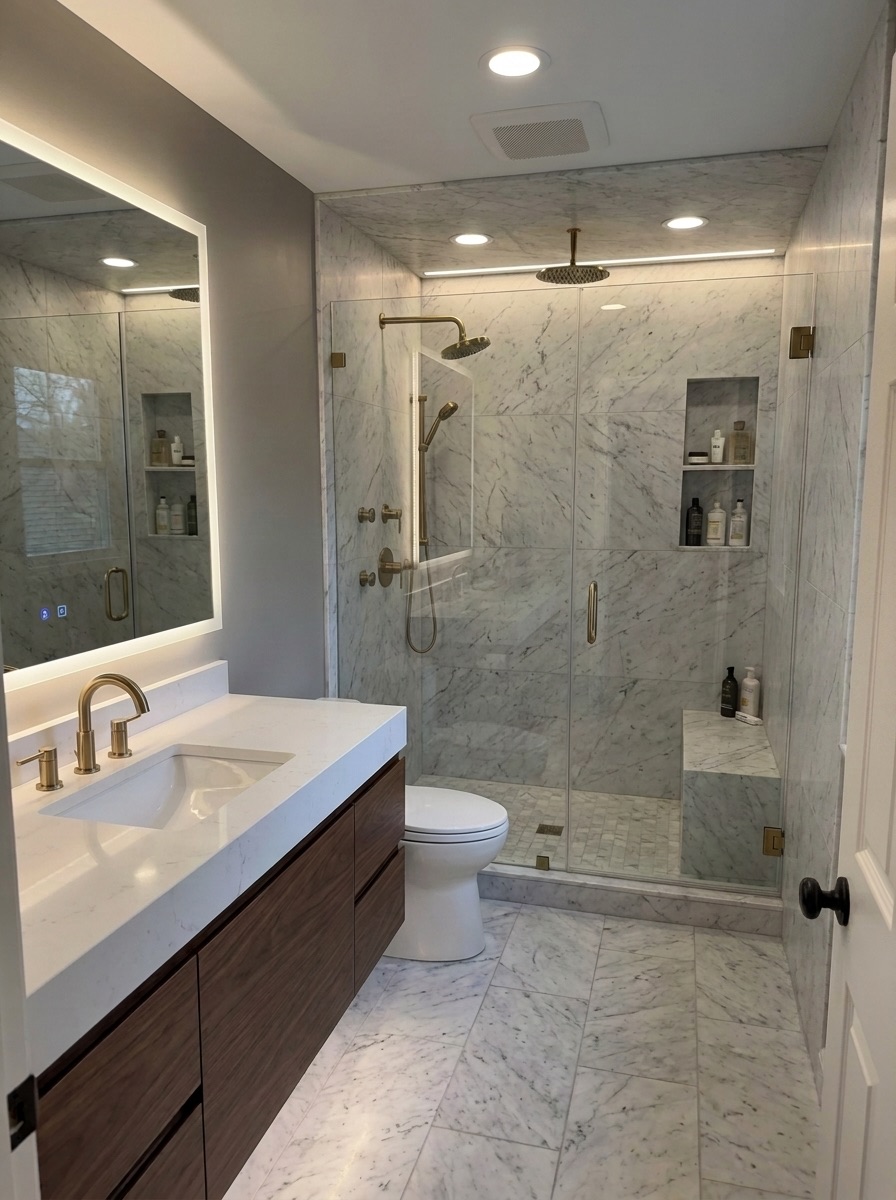 Bathroom rendered finished: full Carrara marble walls and floor, frameless glass shower, brushed-gold fixtures, floating walnut vanity, backlit mirror